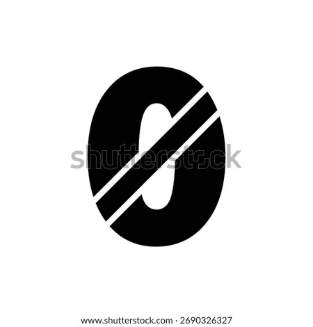 A bold, black numeral zero is depicted with two parallel white diagonal lines cutting through its center, set against a white background.