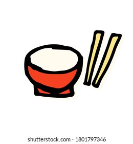 Bold black outline bowl and chopsticks vector illustration isolated on white background. Doodle cutlery, home related.  Modern scribble for kids, sticker, logo, clipart, poster, banner, education. 