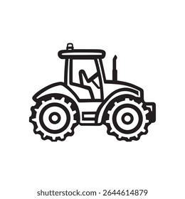 The bold black outline drawing captures a vintage-style tractor, showcasing its unique cab, robust wheels, and distinctive farm equipment design, on a white backdrop.