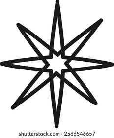 Bold black outline forming an eight pointed star with a smaller star at its center, creating a striking visual on a clean white backdrop, ideal for impactful design projects