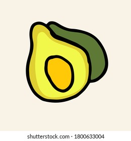 bold black outline of green avocado, seed avocado, slice of avocado. hand drawn vector. doodle fruit and vegetable. modern scribble for kids, sticker, clipart, poster, banner, advertisement, cover. 