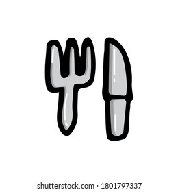 bold black outline of grey knife and fork isolated on white background. hand drawn vector. doodle cutlery for kids, wallpaper, sticker, clipart, banner, poster, advert, cover, icon, logo, mascot. 