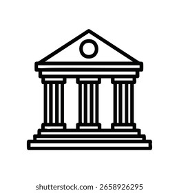A bold black outline icon of a classical building. It features a triangular pediment with a central circle, three columns, and a wide, two-step foundation.