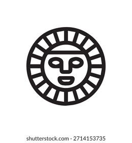 Um ícone negro em negrito com um sol estilizado com uma expressão facial cercada por raios radiantes, evocativo de civilizações antigas e suas divindades.