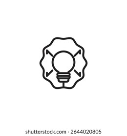A bold black outline icon of a lightbulb radiating lines, all enclosed within a wavy, irregular circular border, set against a white background.