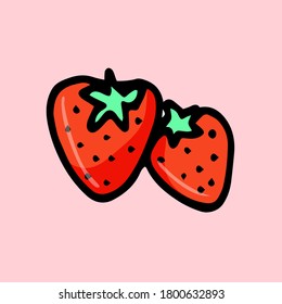 bold black outline of red strawberry with green leaf isolated on pink background. hand drawn vector. doodle fruit and vegetable for kids, poster, banner, sticker, clipart, logo, advertisement. 