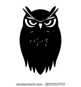 A bold black owl graphic featuring sharp eyes and detailed feathers, ideal for logos, branding, or artistic projects.