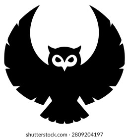 A bold black owl with outstretched wings, featuring a minimalist design and sharp lines, symbolizing wisdom and mystery in a striking silhouette.