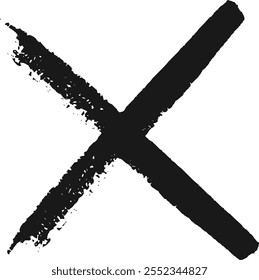Los trazos de pintura negra en negrita forman una forma de grunge x sobre un fondo blanco, que simboliza el rechazo o la cancelación. La textura dibujada a mano agrega profundidad a este icono gráfico versátil