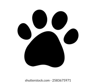 Bold black paw print icon on white background. Simple, minimalist design perfect for pet-related websites, logos, apps, and social media.