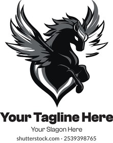 Bold Black Pegasus Logo with Majestic Wings and Dynamic Pose for Powerful Branding