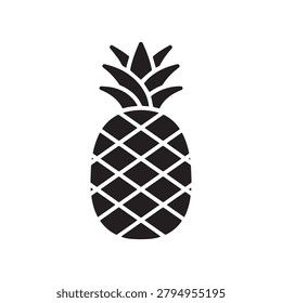A bold, black pineapple illustration featuring a textured pattern of diagonal lines and a detailed crown of leaves. The design is high-contrast with a clean, minimalist aesthetic, emphasizing the frui.