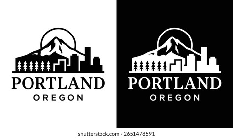 Bold black Portland Oregon skyline logo emblem for city businesses Professional icon for tourism shops and local branding identity