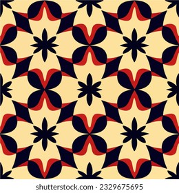 Bold black and red pattern contrasts against a vibrant yellow background. This repeating fabric pattern showcases a seamless design, emphasizing a dark flower motif, resulting in an eye catching.