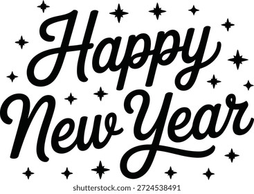 Bold black script lettering for 'Happy New Year' surrounded by stars, perfect for seasonal greetings, cards, and celebrations.