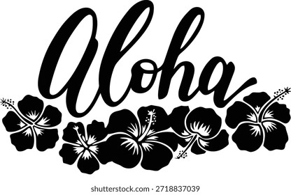Fett schwarzes Skript Typografie des Wortes Aloha mit stilisierten tropischen Hibiskusblumen verziert Schlagwörter Aloha