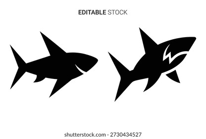 Las audaces siluetas de tiburón negro con formas simplificadas presentan un estilo visual llamativo y moderno.