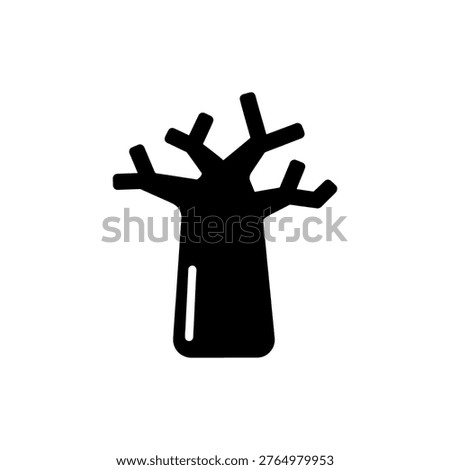 A bold, black silhouette of a baobab tree showcases its distinctive, stylized form.
