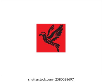 A bold, black silhouette of a bird in mid-flight against a pure white background.