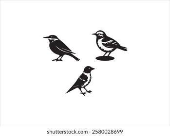 A bold, black silhouette of a bird in mid-flight against a pure white background.