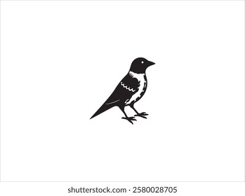 A bold, black silhouette of a bird in mid-flight against a pure white background.