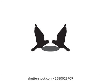 A bold, black silhouette of a bird in mid-flight against a pure white background.