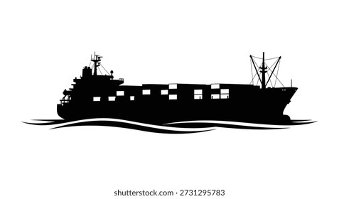 A bold black silhouette of a cargo ship on water, defined by its clean, distinctive silhouette style.