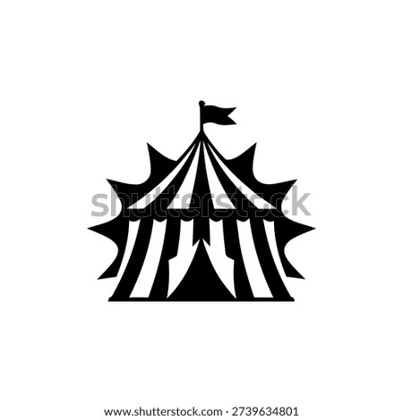 Bold black silhouette of a classic circus big top tent with striped canopy and flag detail. Clean minimalist vector style illustration isolated on a light background, ideal for carnival posters, festival branding, birthday party invitations, amusement park graphics and entertainment-themed design projects. Simple yet striking icon suitable for print, logos, stickers and digital use.