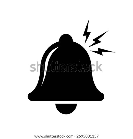 A bold black silhouette of a classic ringing bell, accompanied by stylized lightning bolts representing sound or an alert, perfect for notifications.
