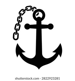 A bold black silhouette of a classic ship anchor featuring a heavy metal chain attached to the ring. Simple maritime symbol for nautical design, travel, and sea.