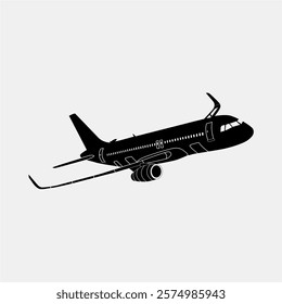 Bold Black Silhouette of a Commercial Airplane on White Background. Striking silhouette of a commercial aircraft depicted in black, set against a white background. A perfect representation of aviation