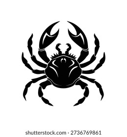 A bold black silhouette of a crab with its powerful claws raised in the air