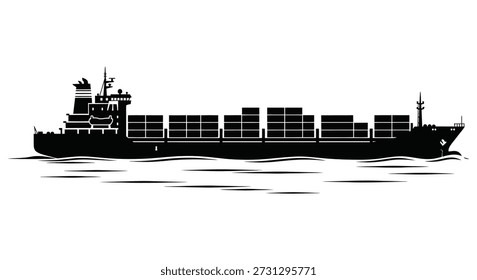 Una silueta atrevida y negra representa un barco portacontenedores, mostrando una silueta distintiva y estilizada.