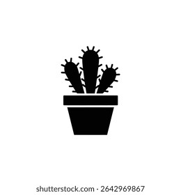 A bold, black silhouette depicts a three-stemmed cactus with distinct spines, planted in a minimalist pot, isolated against a clean white backdrop.