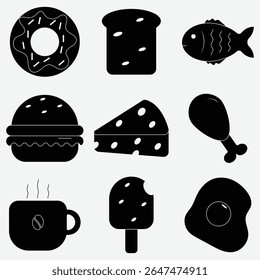 Bold black silhouette food icon set featuring donut, toast, fish, burger, cheese, drumstick, coffee cup, bitten popsicle, and fried egg, all on a light background.