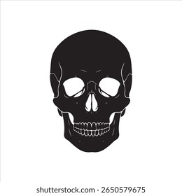 A bold black silhouette of a human skull against a clean white backdrop.