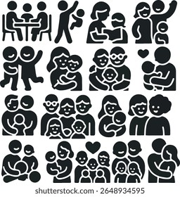 A bold black silhouette icon collection showcasing families in various bonding activities. Includes parents hugging children, group family portraits, caregiving scenes, and diverse family dynamics.
