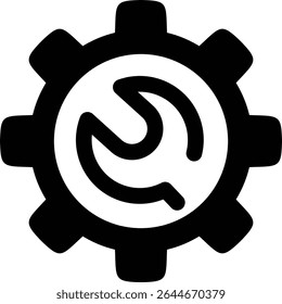 A bold, black silhouette icon combining a gear cog with a wrench shape inside, symbolizing settings, maintenance, repair and technical support. Designed as a flat vector graphic, this simple yet strik