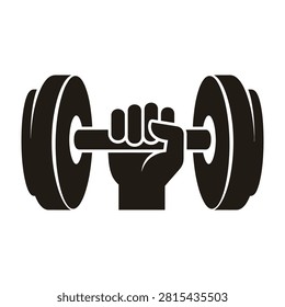 A bold black silhouette icon of a human hand gripping a heavy dumbbell. This minimalist design symbolizes weightlifting, bodybuilding, gym workouts, and strength.