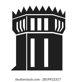 A bold black silhouette icon of a medieval castle tower with a crenelated top and vertical windows. Ideal for fantasy games, historical maps, or architectural logos.