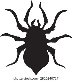 Bold black silhouette of a large, stylized monstrous spider with intense, spiky legs and body, isolated on white background