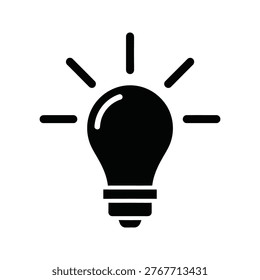 Bold black silhouette of a lightbulb radiating light, symbolizing invention and creativity. Ideal for technology, startups, and conceptual marketing. Minimalist vector style.