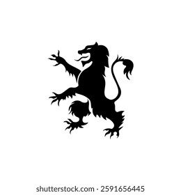 A bold black silhouette of a lion in a heraldic pose, representing authority, strength, and the noble tradition of the British Empire, perfect for decoration or logos.