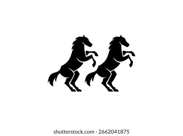 Logotipo de silhueta preta negrito de dois cavalos de criação simbolizando poder, liberdade e força.