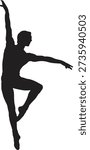 A bold black silhouette of a male dancer in an elegant, mid-motion ballet pose with arms extended and one leg bent, representing grace, fluidity, and artistic expression.