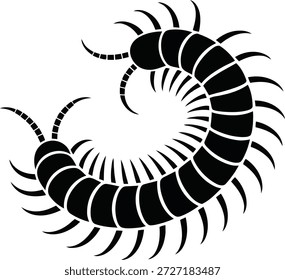 A bold black silhouette of a many-legged creature resembling a centipede or millipede, tightly coiled on a white surface.