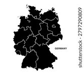 A bold black silhouette map of Germany showing all federal state boundaries with clean white border lines on a white background. The southern Bavaria region is distinctly highlighted with a light blue outline, creating a unique two-tone geographic illustration with internal administrative state divisions.