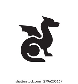 A bold, black silhouette of a mythical hybrid creature resembling a dragon and a dog, standing on its hind legs with wings spread. The design features intricate detailing in the body and wings, giving.