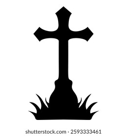 Bold black silhouette of ornate cross with decorative elements at the base, symbolizing faith, spirituality, and religious themes. Isolated on transparent background. Vector.