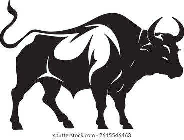 A bold black silhouette of a powerful bull set against a solid white background. The design features strong, clean lines highlighting the bull’s muscular build and prominent horns.